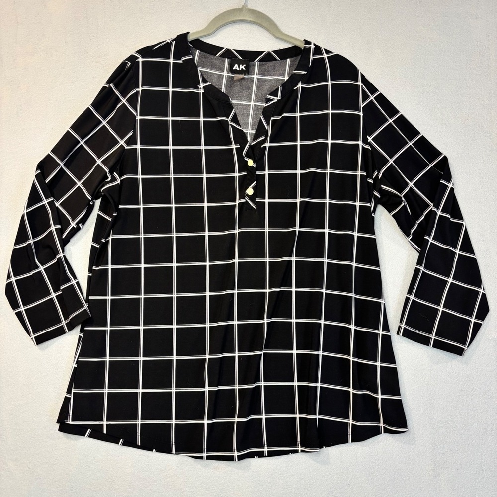 Anne Klein AK Womens Black White Grid Print Split Neck Gold Button Tunic Top L